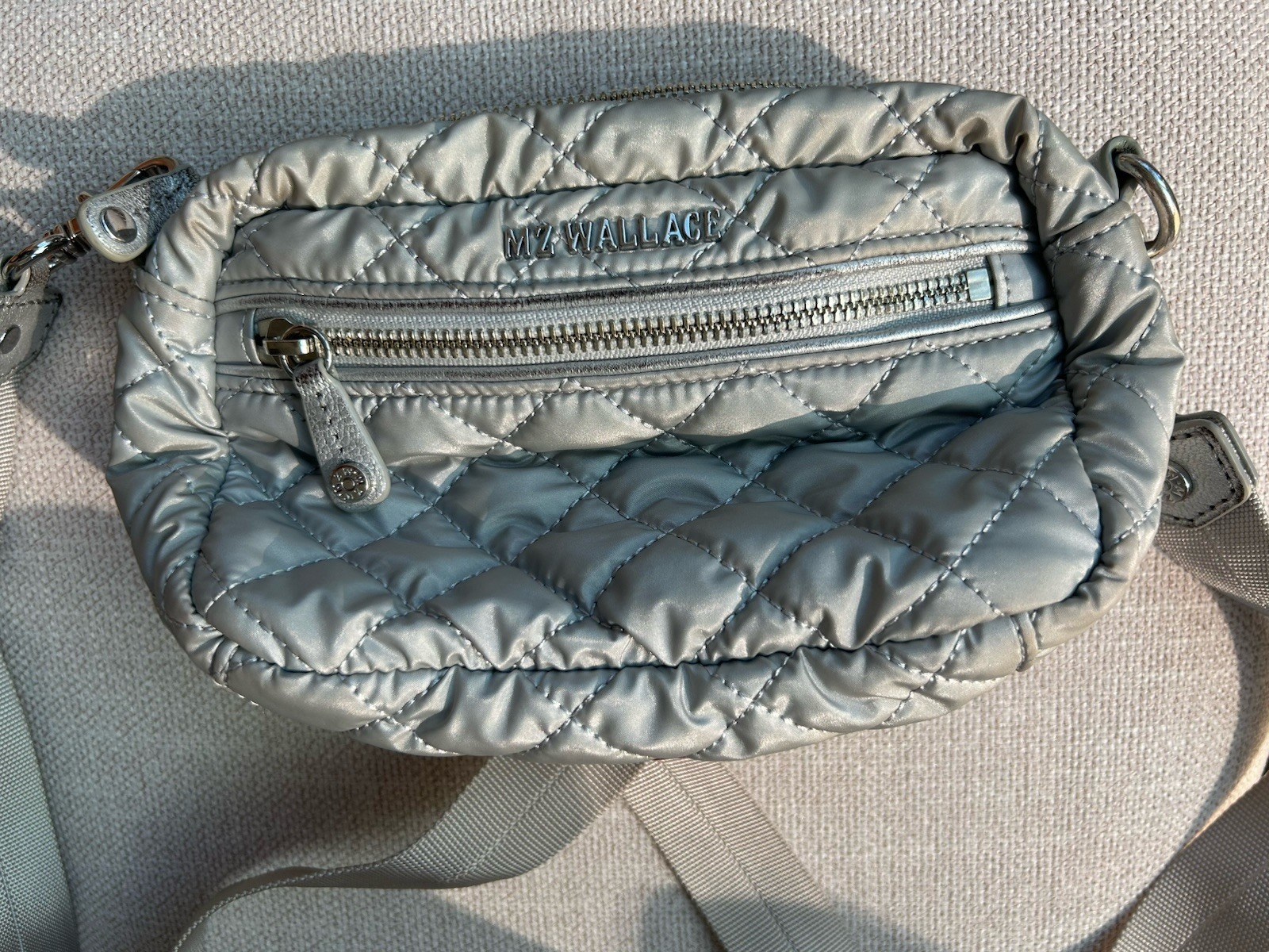 MZ Wallace Nylon Quilted Mini Crosby Crossbody Bag Metallic Light Gray
