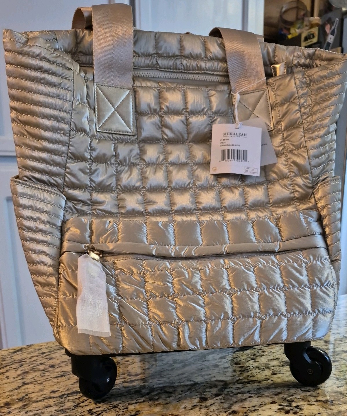 Shiraleah Logan 360° Roller Tote – Gold – Quilted Travel Commute Bag on Wheels