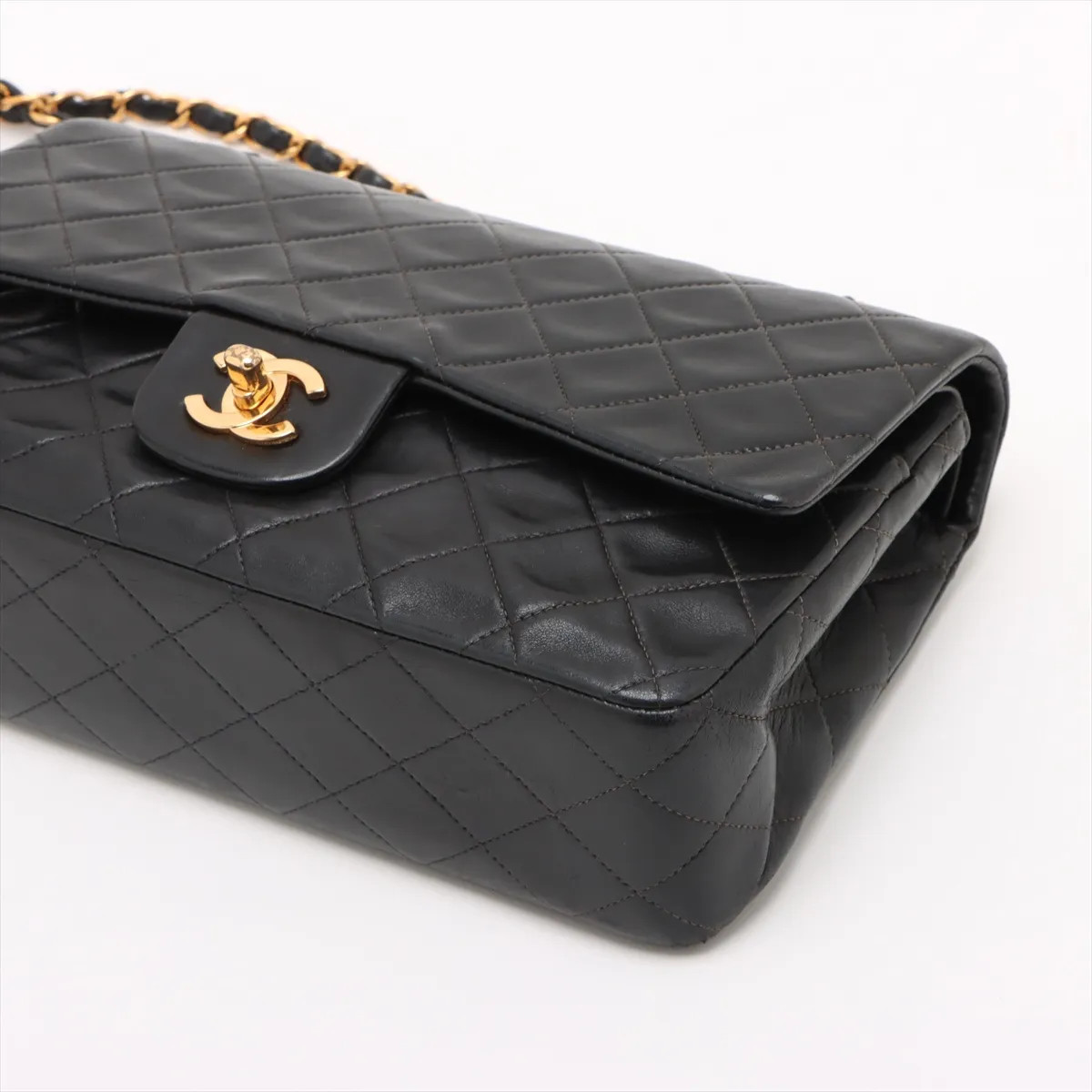 Chanel Matelasse 25 Lambskin Double Flap Double Chain Bag Black Gold Metal Fitti