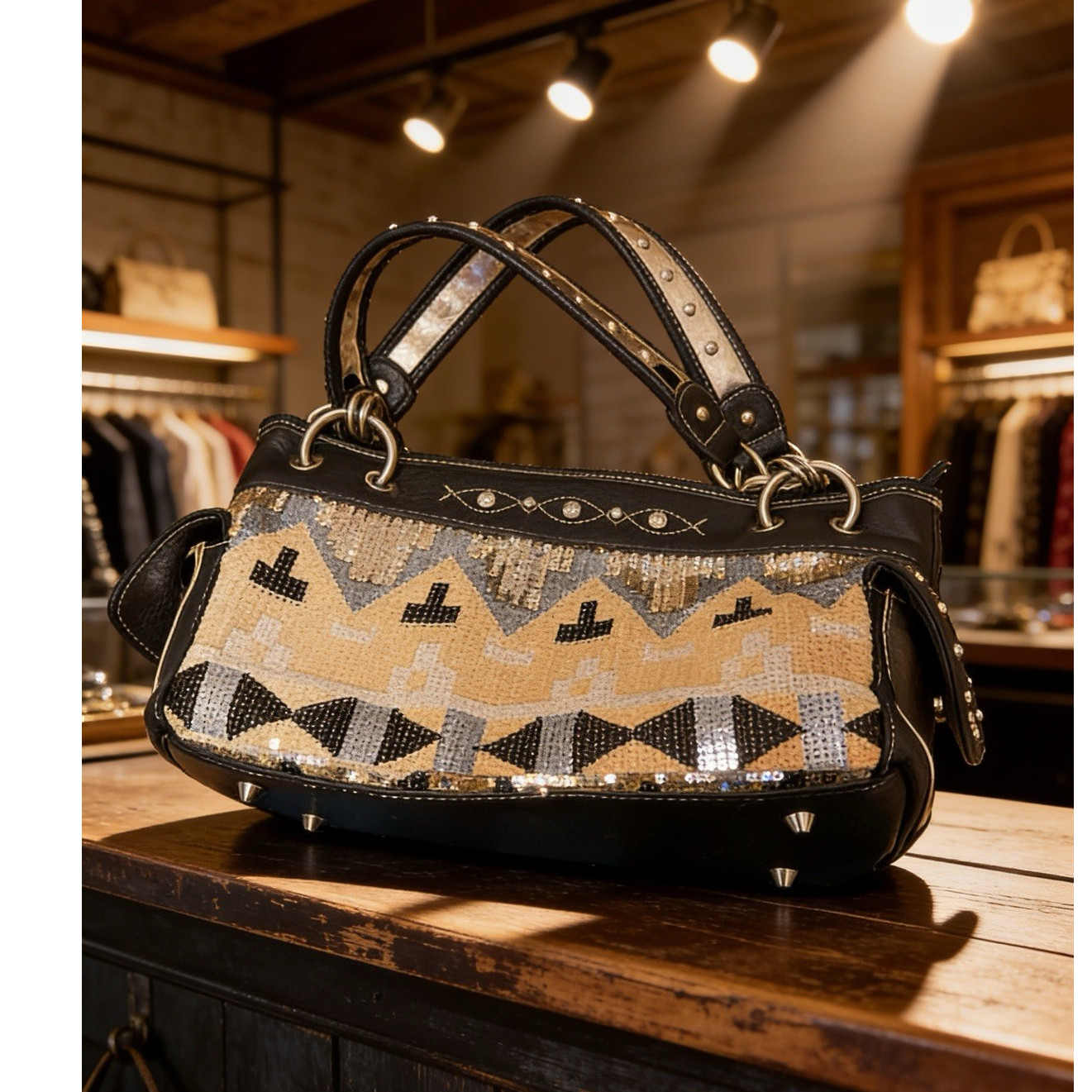 Heritage West Western Studded Sequin Satchel Top Handle Bag