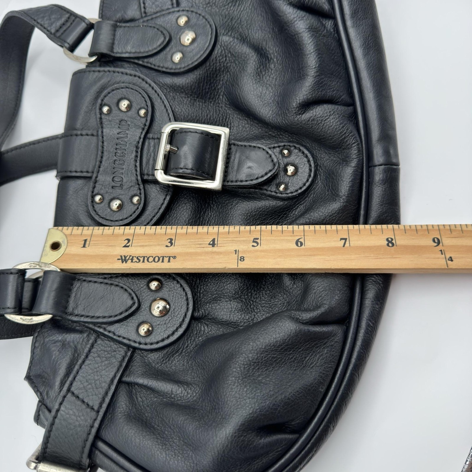 VTG Longchamp Idole Black Grained Leather Satchel Bag Studded Buckle Flap France