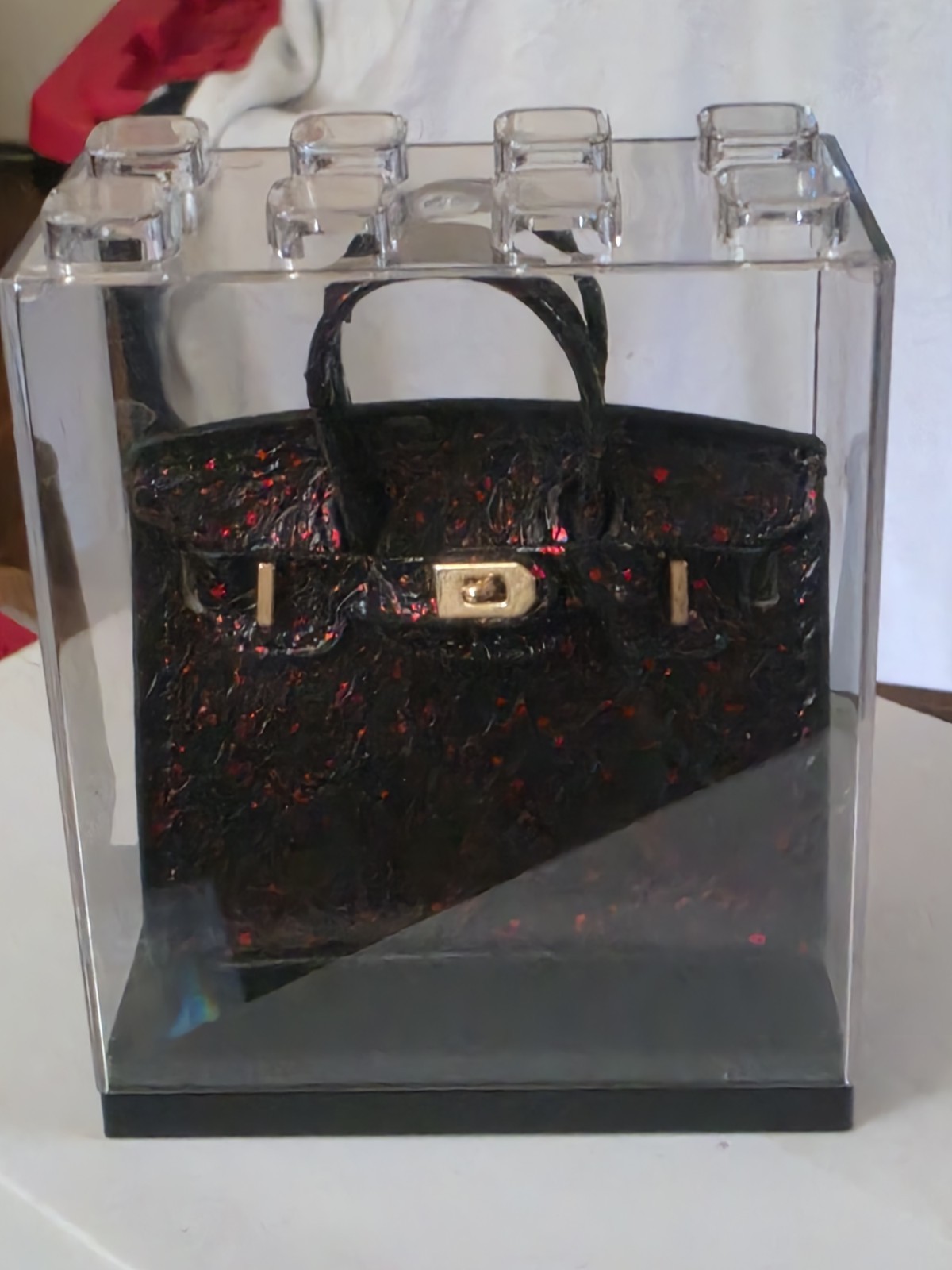 Black/Red Pebbled Small Top Handle Bag Gold-Tone Turn Lock with Case