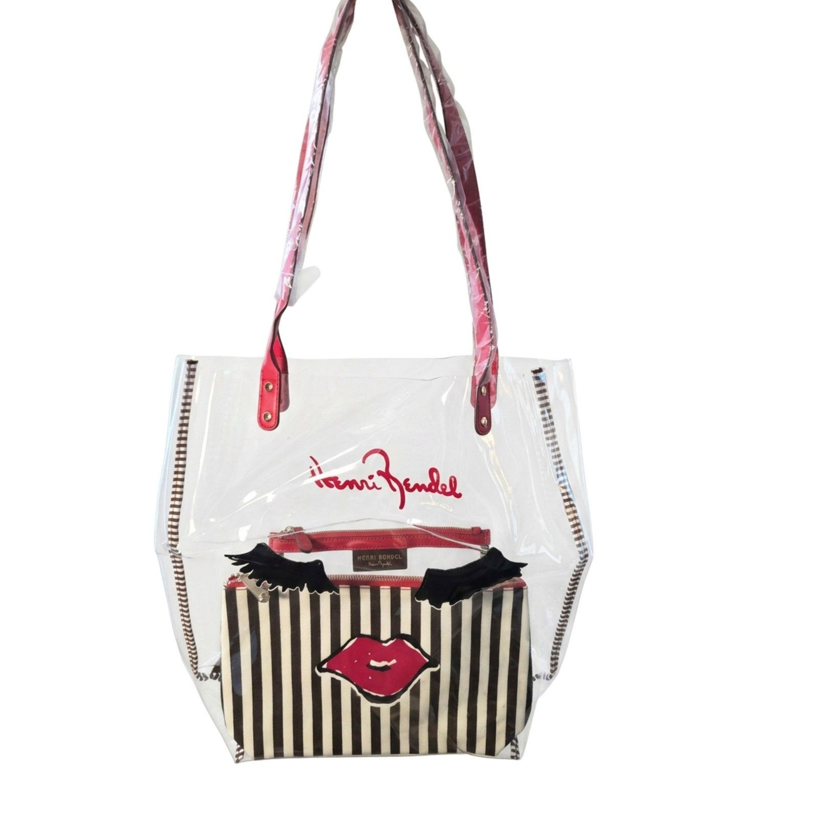 Henri Bendel Clear PVC Lash & Lips Tote Bag Signature Stripe Pouch NWOT Rare