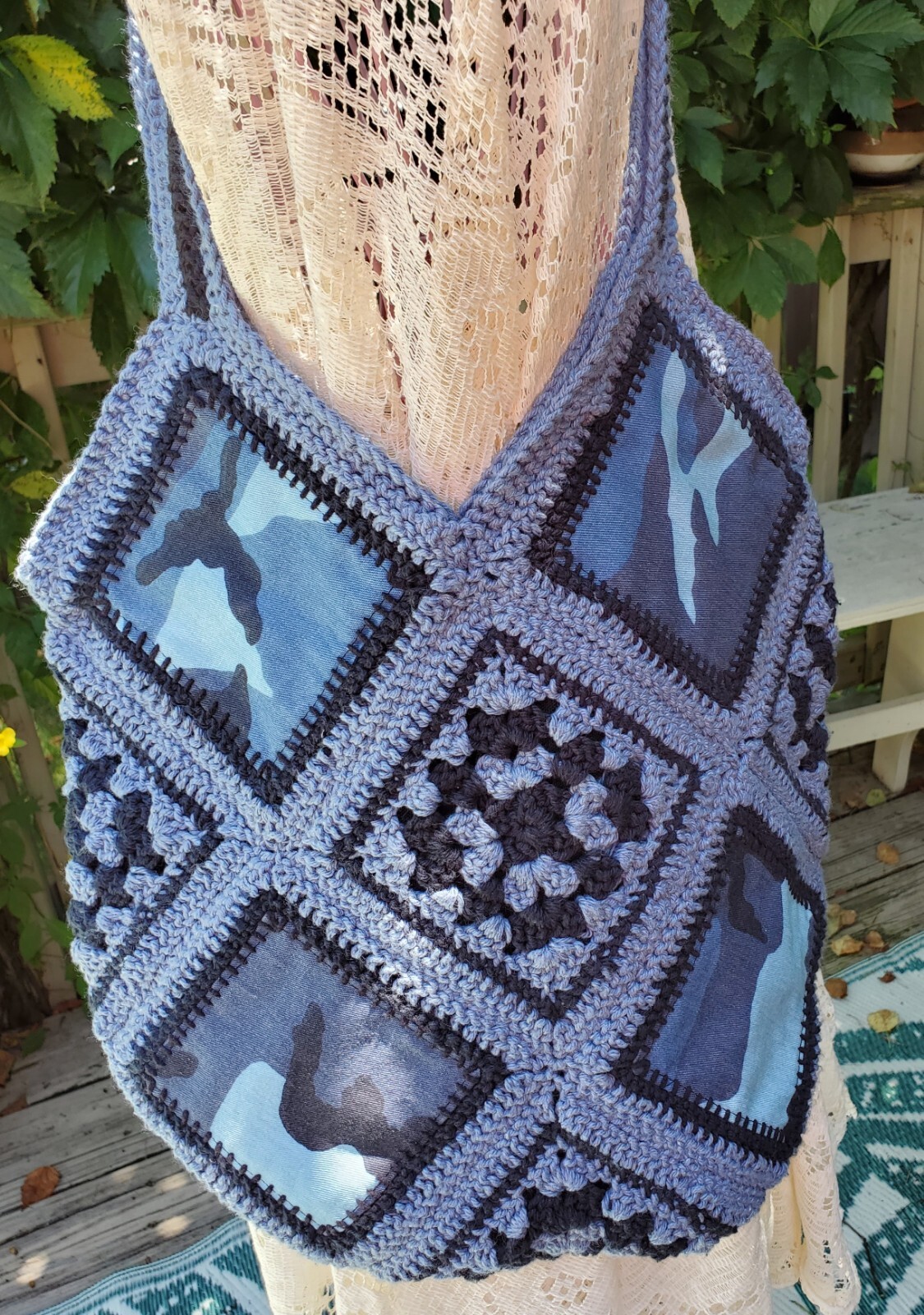 New Large Crochet Camouflage Fabric Yarn Fusion Bag 13 Granny SQ Boho Vintage