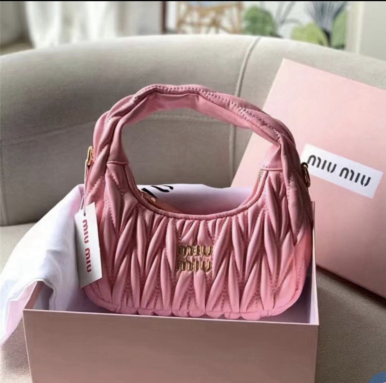 Miu Miu Pink Small Crescent Top Handle Shoulder Bag Quilted Logo Gold Zip Box