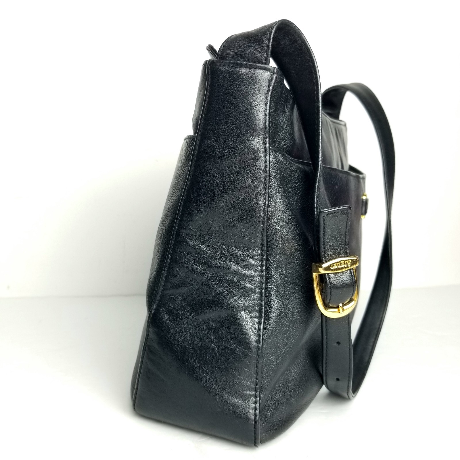 Etienne Aigner Black Genuine Leather Shoulder Bag Gold Tone Logo Classic