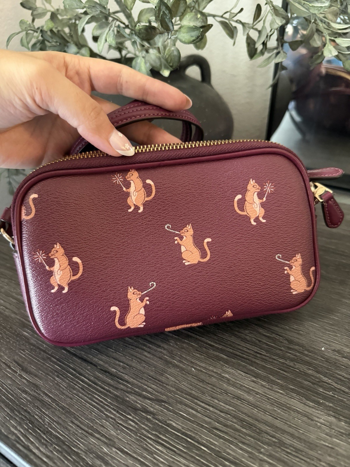 Coach Burgundy Pebbled Cat Party Print Double Zip Small Crossbody Bag Gold