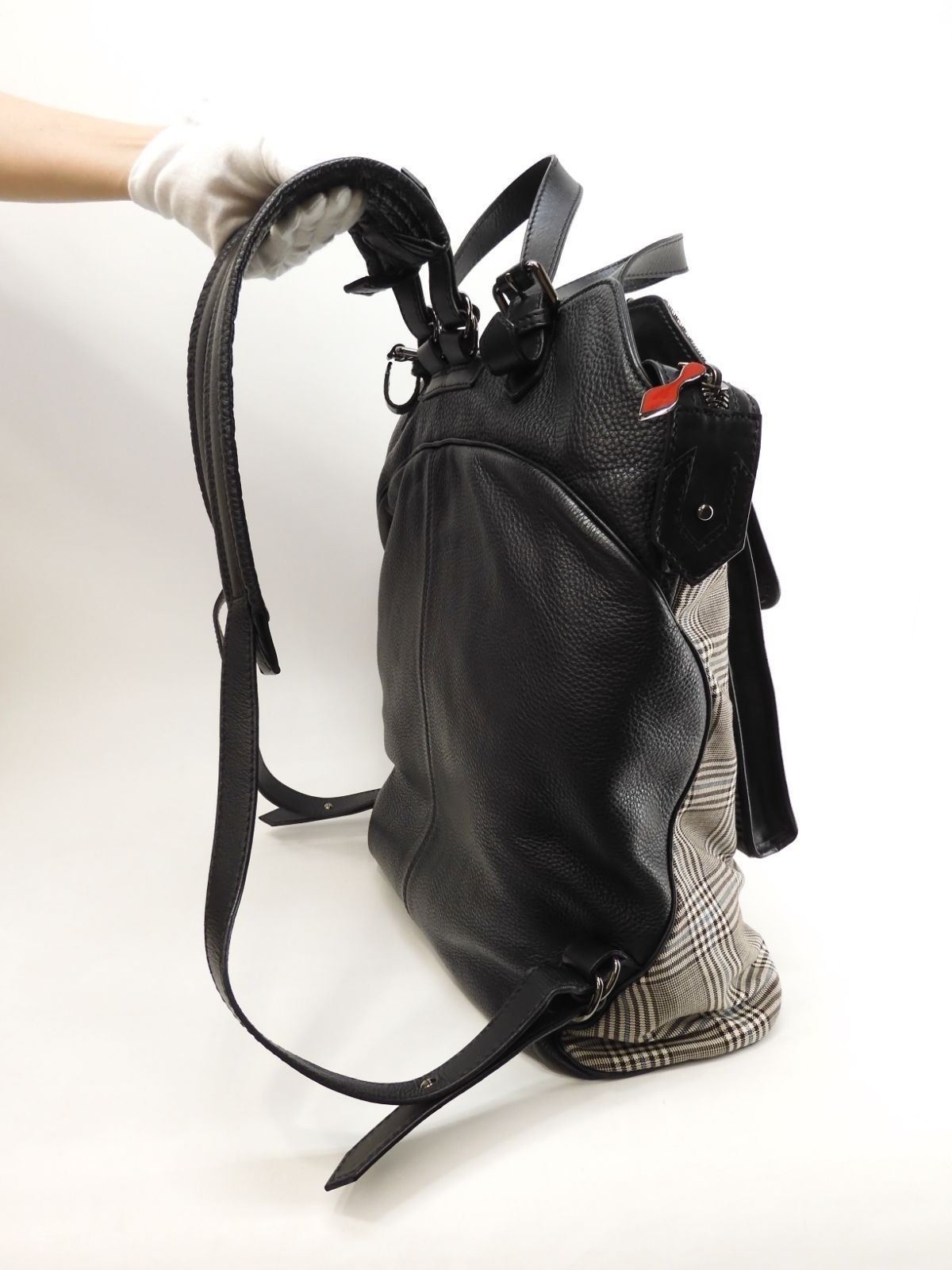 Christian Louboutin Backpack Studded Check Black Large 14.1*18.1*5.3 inch