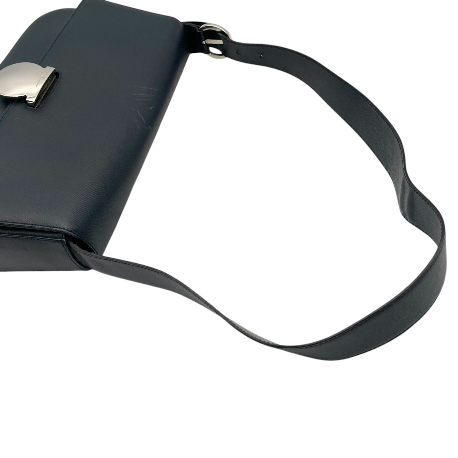Authentic Salvatore Ferragamo Gancini Leather 2Way Shoulder Bag Navy
