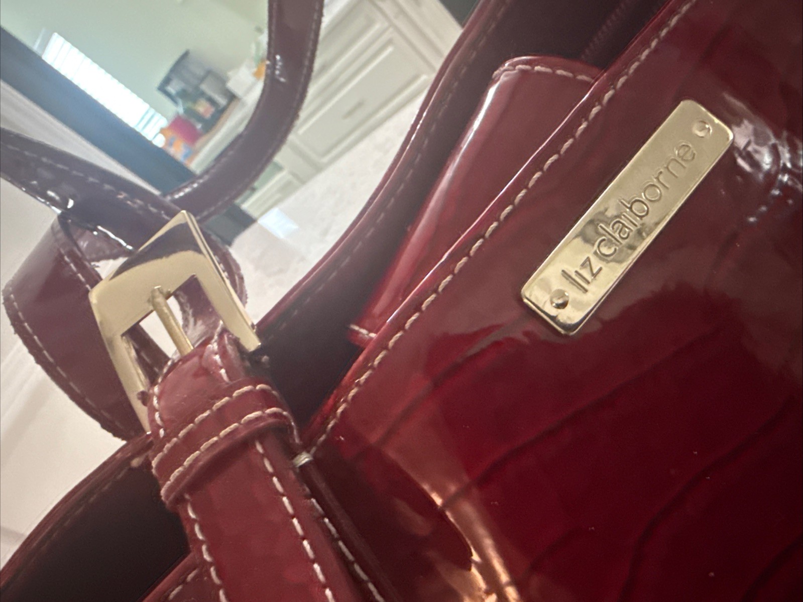 Liz Claiborne Handbag Red Wine Burgundy Faux Patent Leather Alligator Embossed