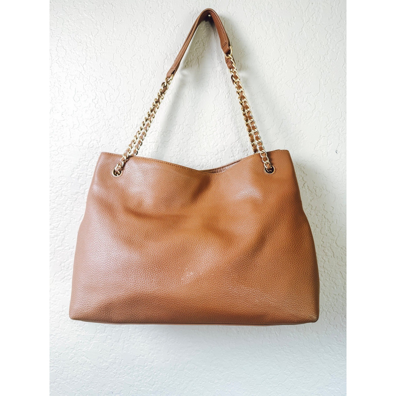 Tory Burch Amanda Large Tote Pebbled Leather Chain Shoulder Bag Camel Tan