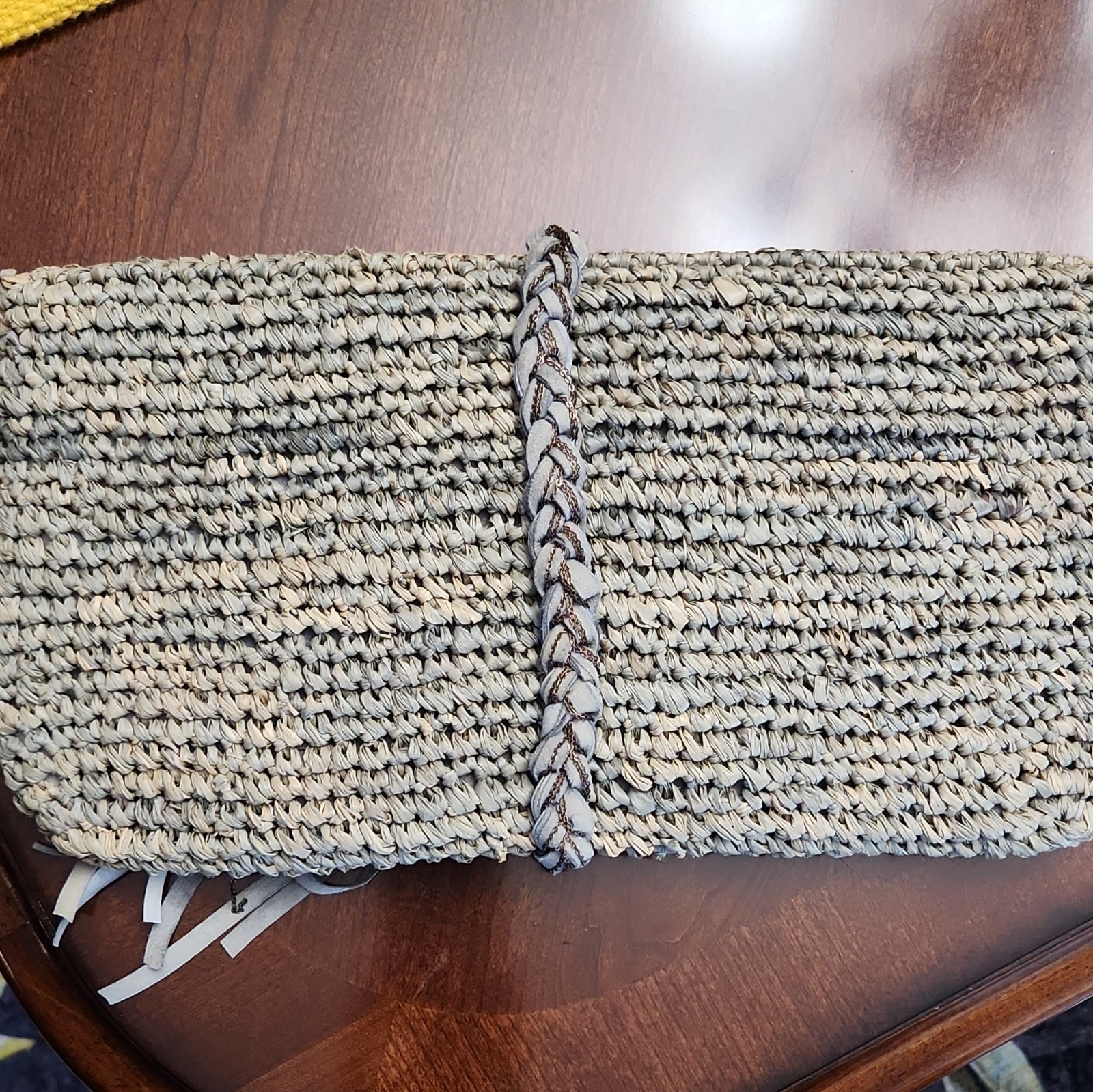 Tommy Bahama Beige Gray Clutch Tassel Braided Accent Zip Closure Gold Hardware