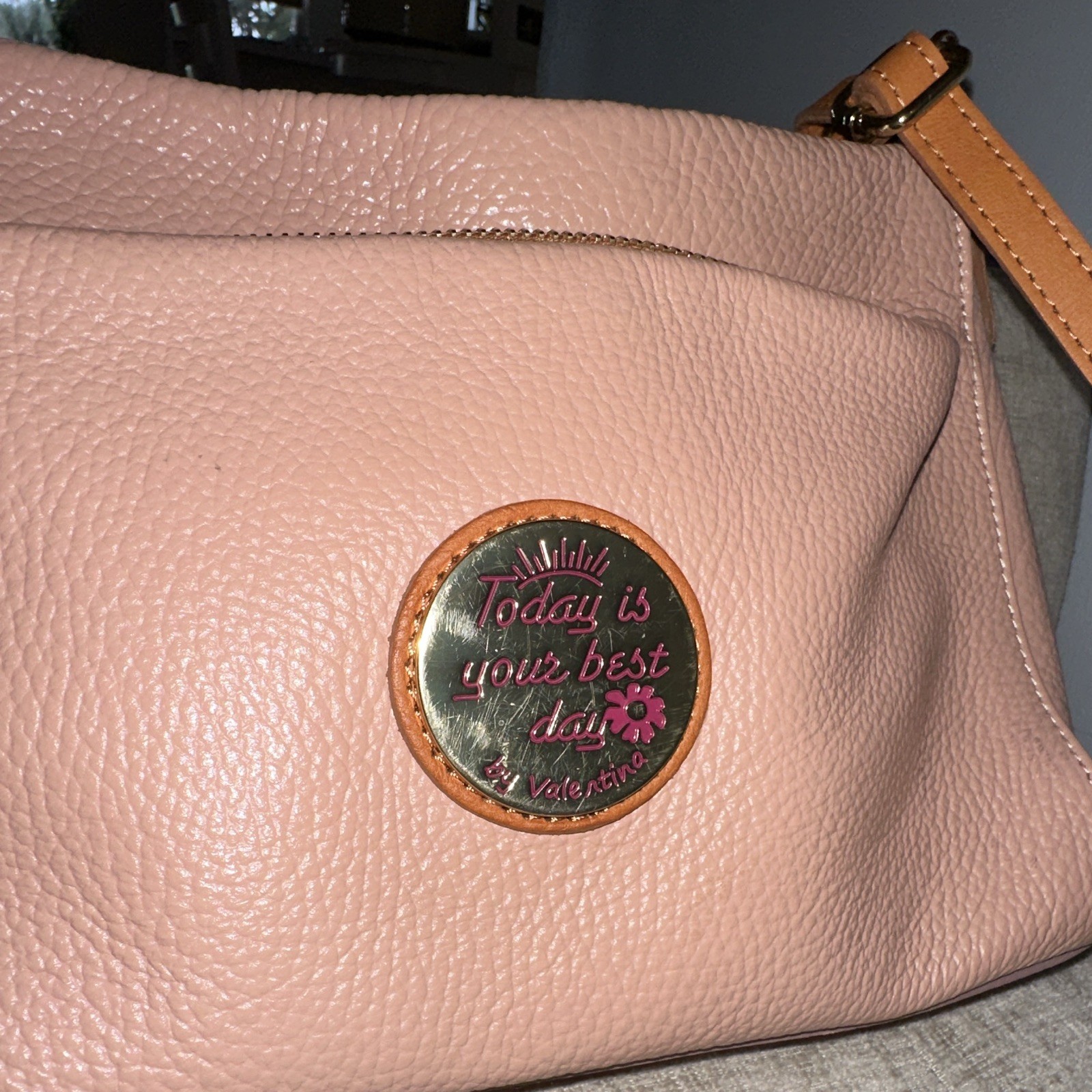 Valentina Pink Pebbled Shoulder Bag Zip Closure Brown Strap Gold Hardware