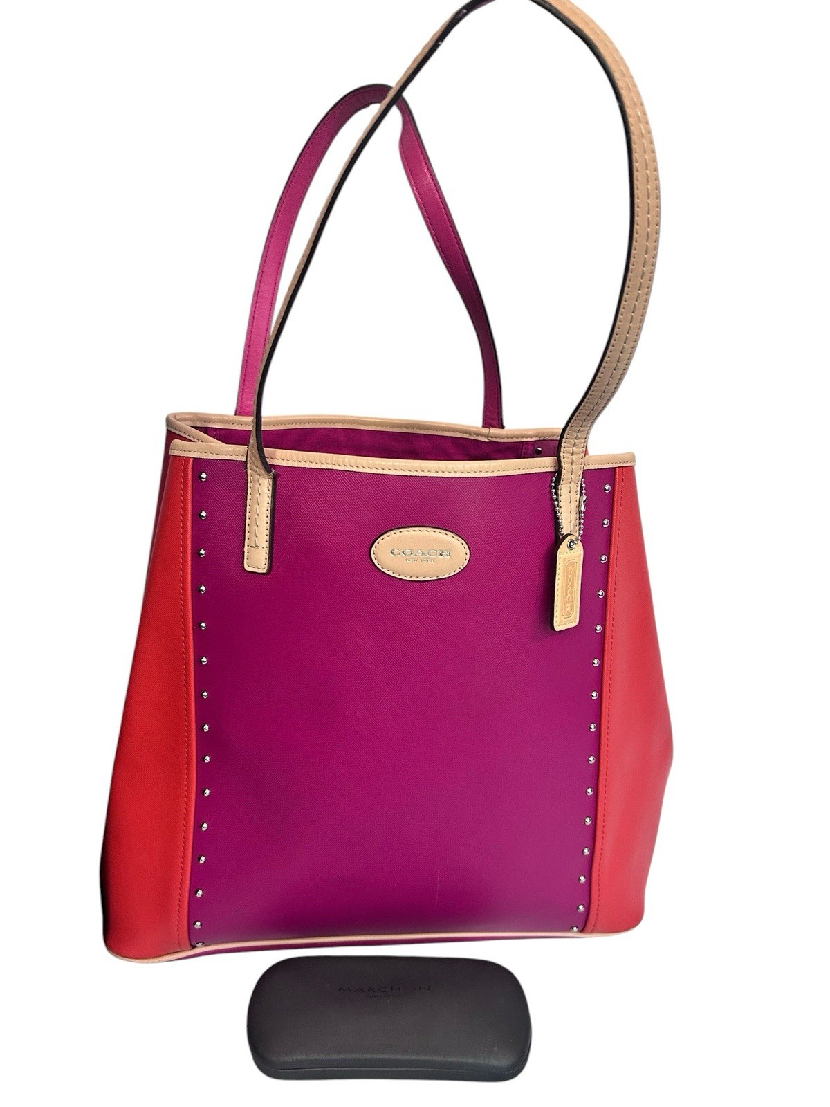 COACH Metro Colorblock Pink Orange And Tan Studded Leather Tote Bag Read List