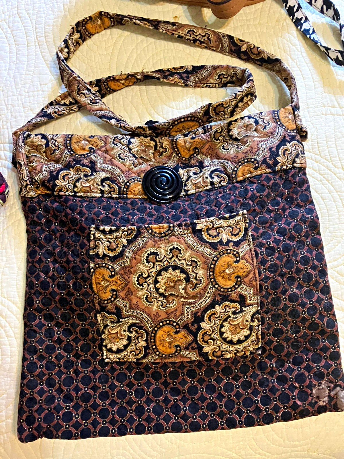 Women’s Brown Beige Black Paisley Shoulder Bag Button Closure Inner Pockets