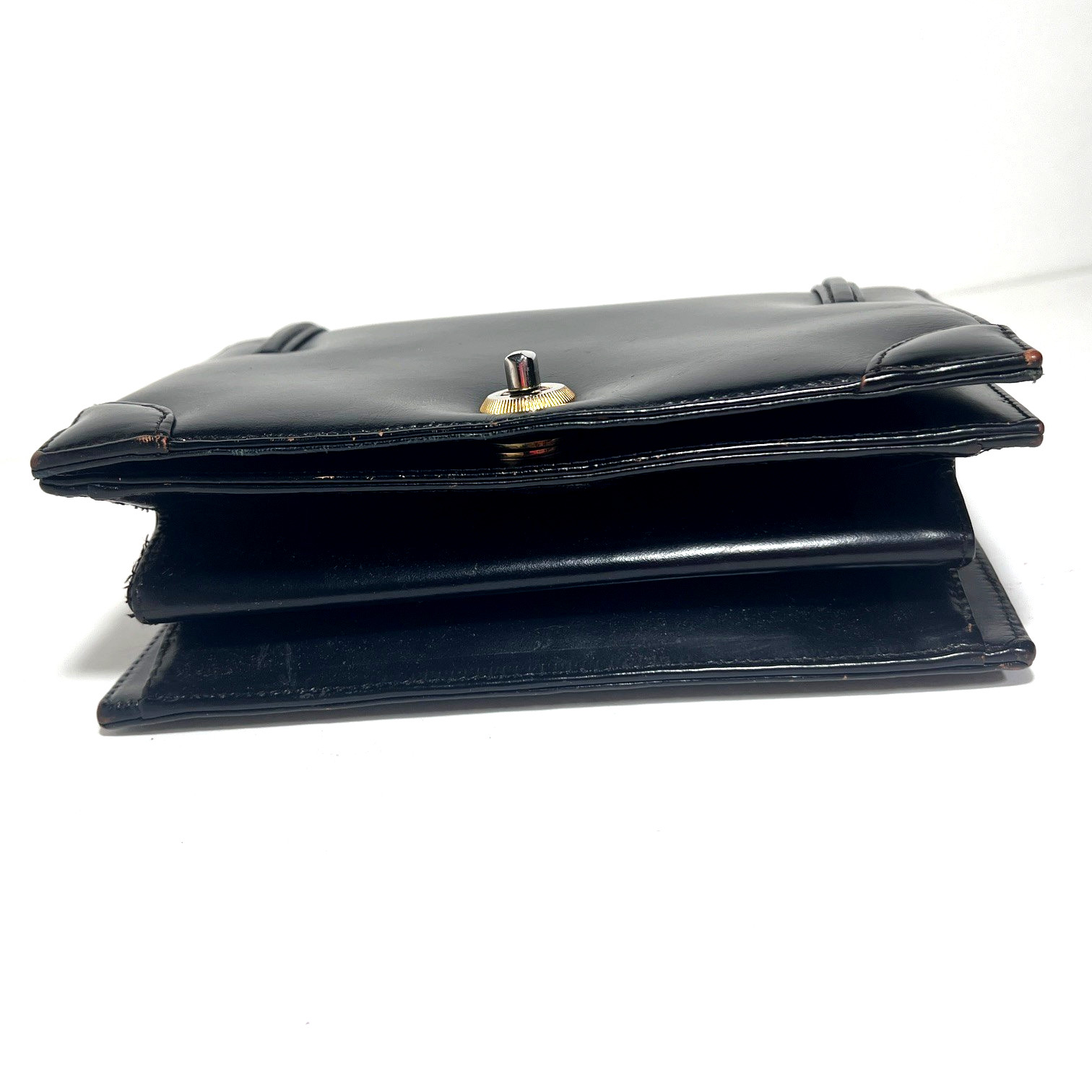 Vtg Tano of Madrid Small Black Leather Handbag Top Handle Flap Turnlock w/Mirror