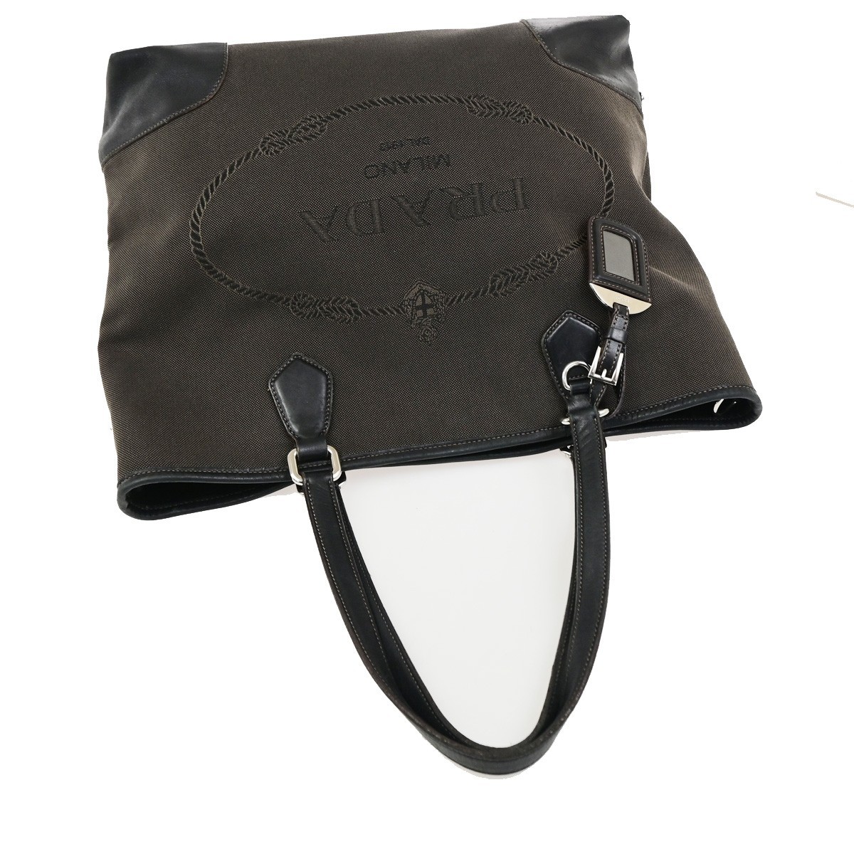 PRADA Logo Jacquard Shoulder Tote Bag Canvas Leather Black Brown 64KD261