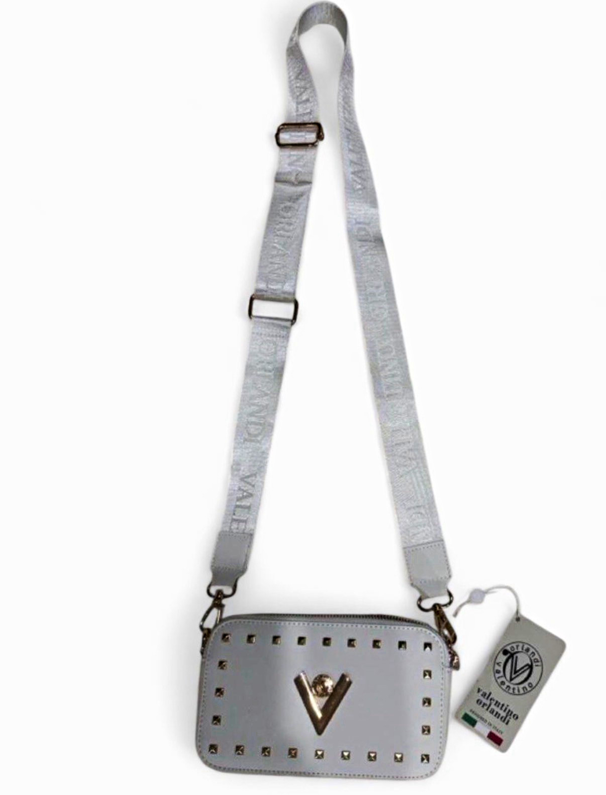 Valentino Orlandi Gray Studded Zip Crossbody Bag w/ Logo Strap Small