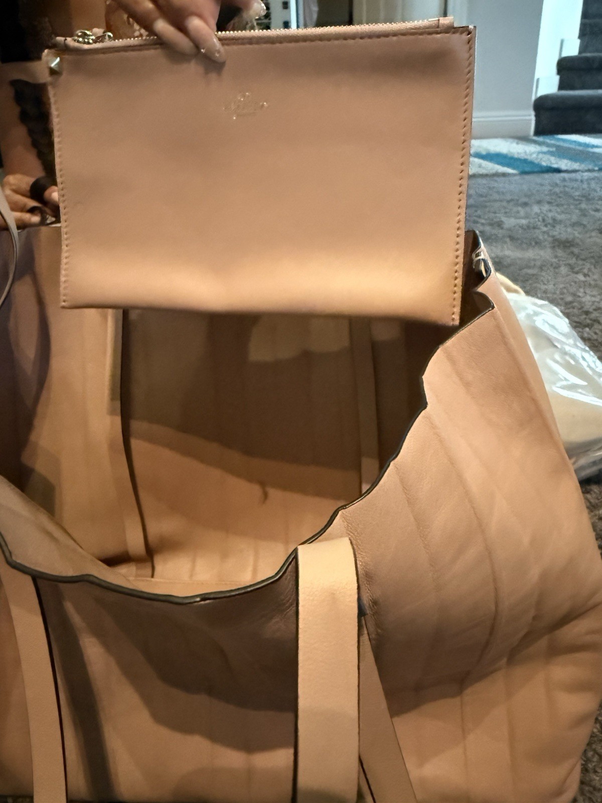 VALENTINO Beige Large Shoulder Tote Bag Removable Zip Pouch Gold Hardware