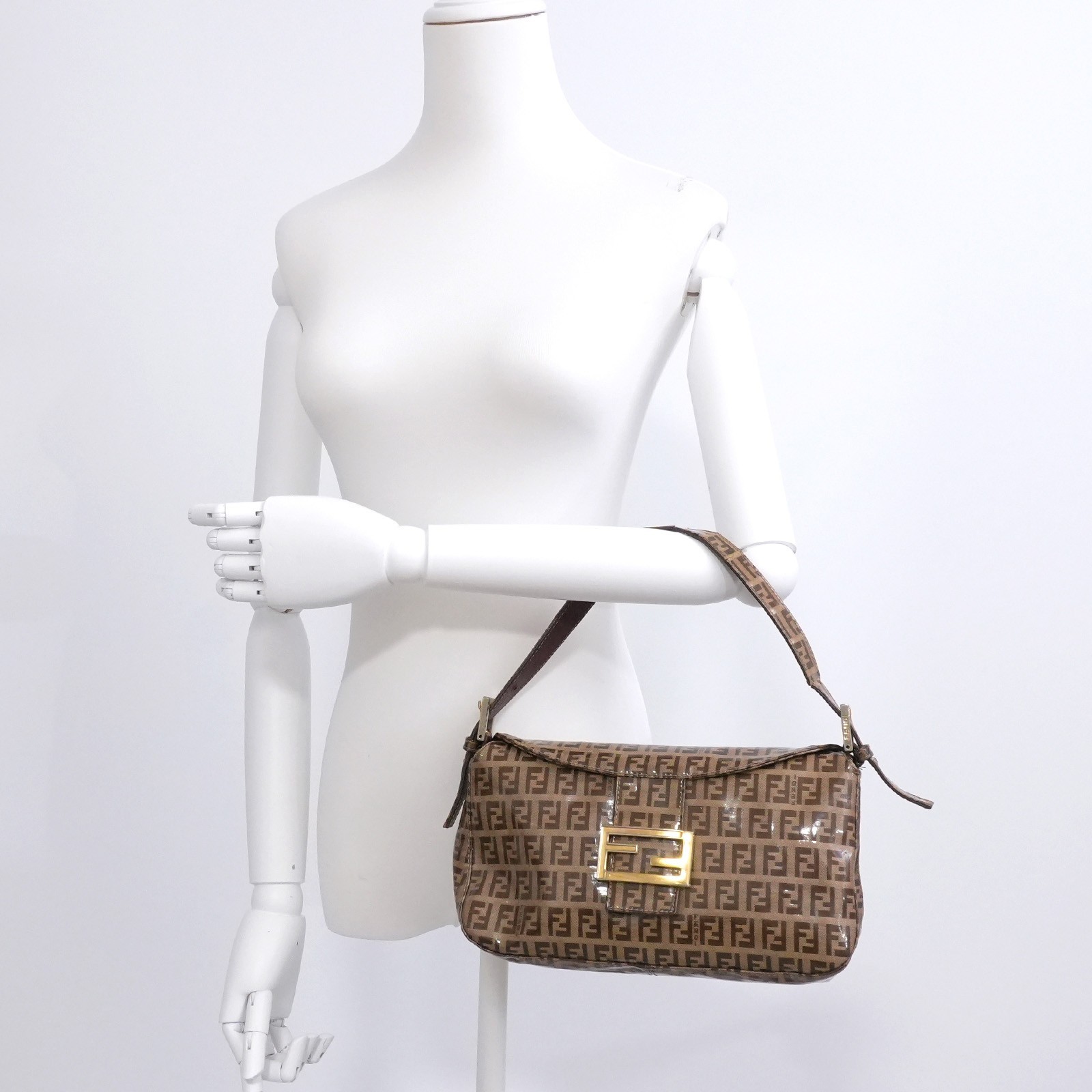 FENDI Mamma Baguette Zucchino Gold Enamel Brown Hand Bag 2way Auth #58193A