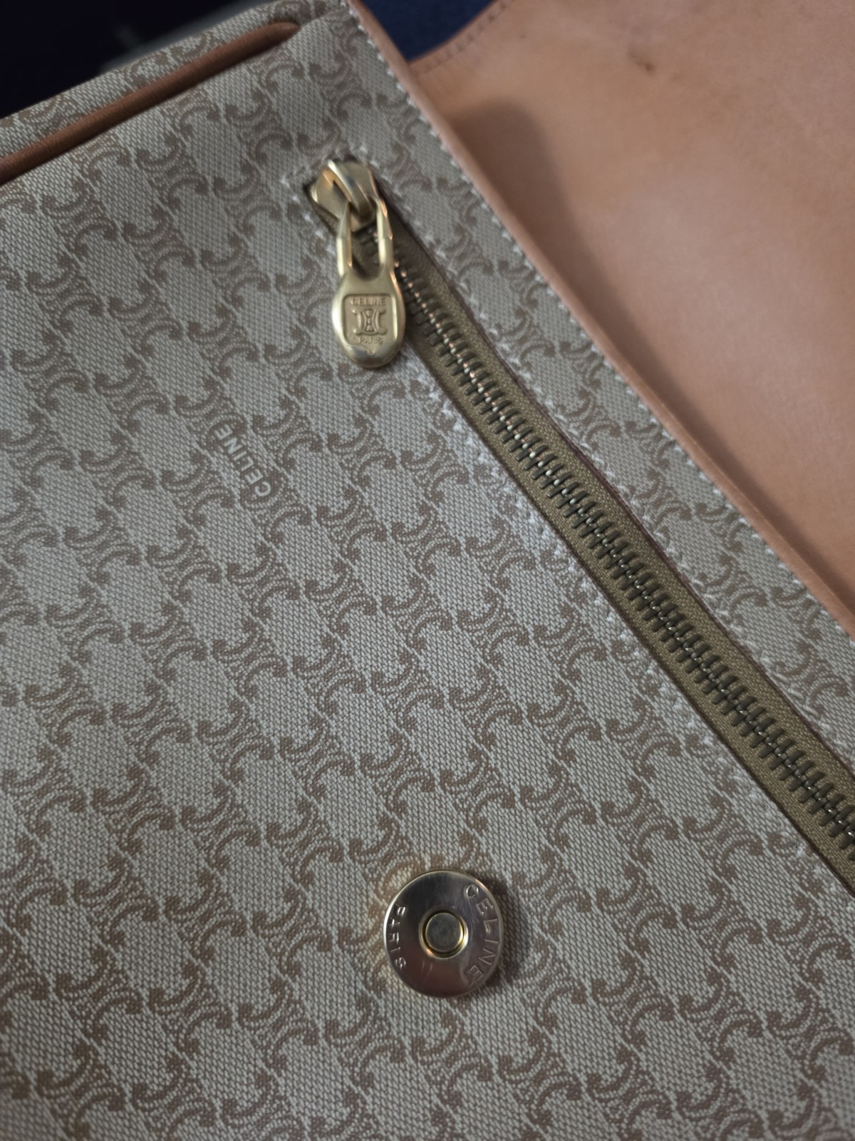 CELINE Macadam Beige/Brown Clutch w/ Magnetic Closure, Inner Pockets Gold