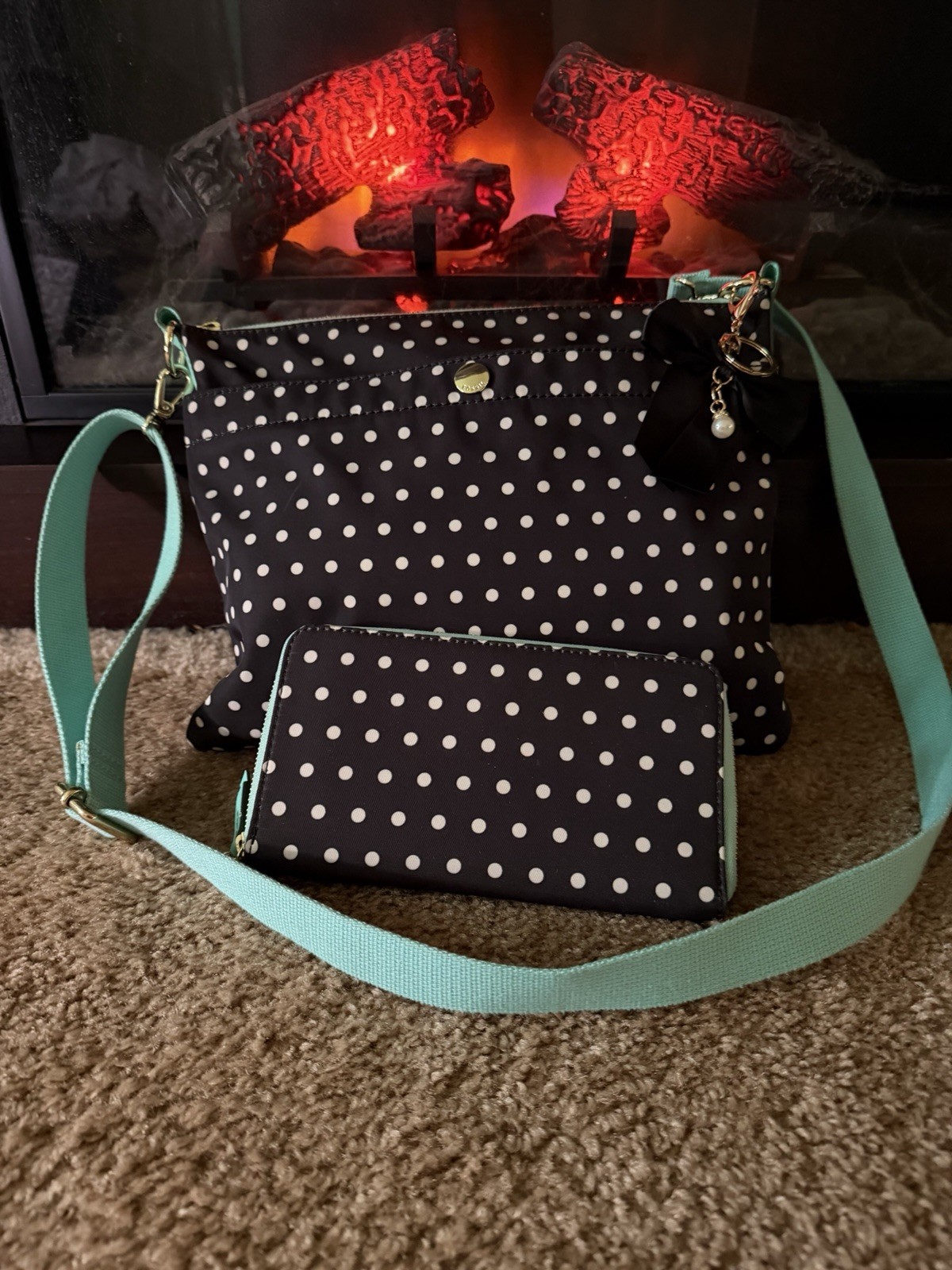 Fossil Crossbody And Matching Wallet. Black And White Polka Dots. Preowned