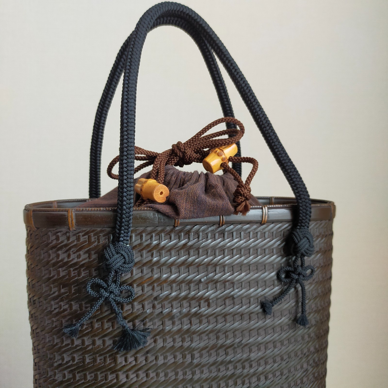 Chikukousai Yusai Vintage Bamboo Handbag Ajiro Weaving Urushi Laquer Basket JPN