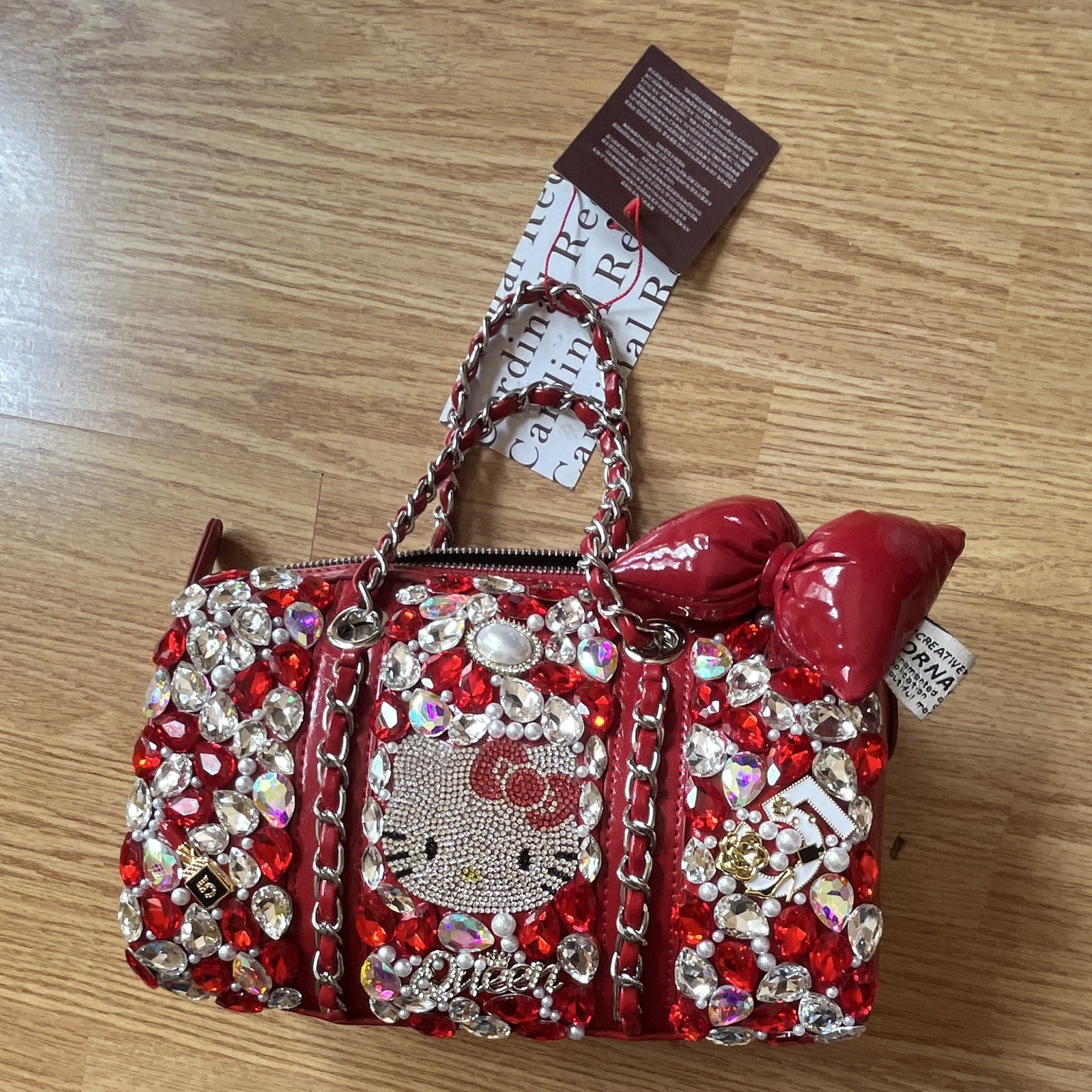 Cardinal Red Kitty Cat Red Crossbody Bag, Zip, Rhinestone Bow, Chain Strap