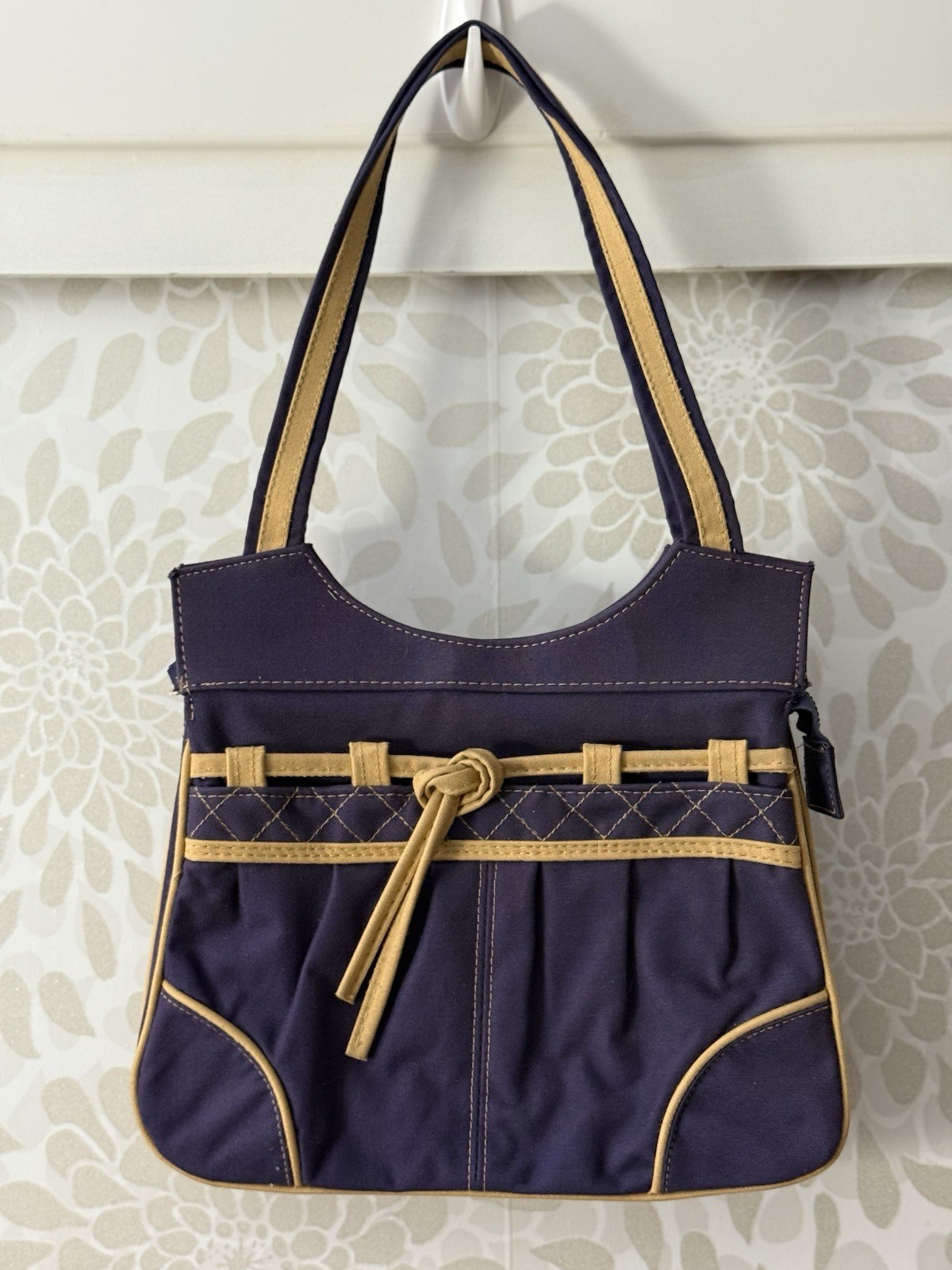 Vintage Vtg 70s 80s Retro Navy Blue Canvas Tan Piping Purse Shoulder Bag