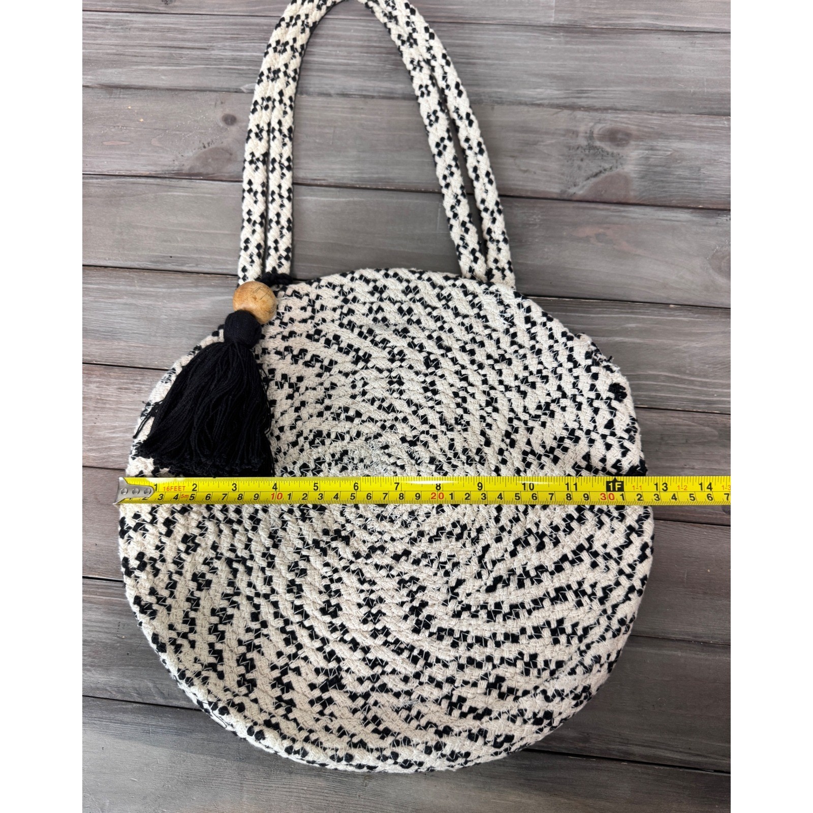 M&S Collection White Black Woven Cotton Round Shoulder Boho Bag with Tassel