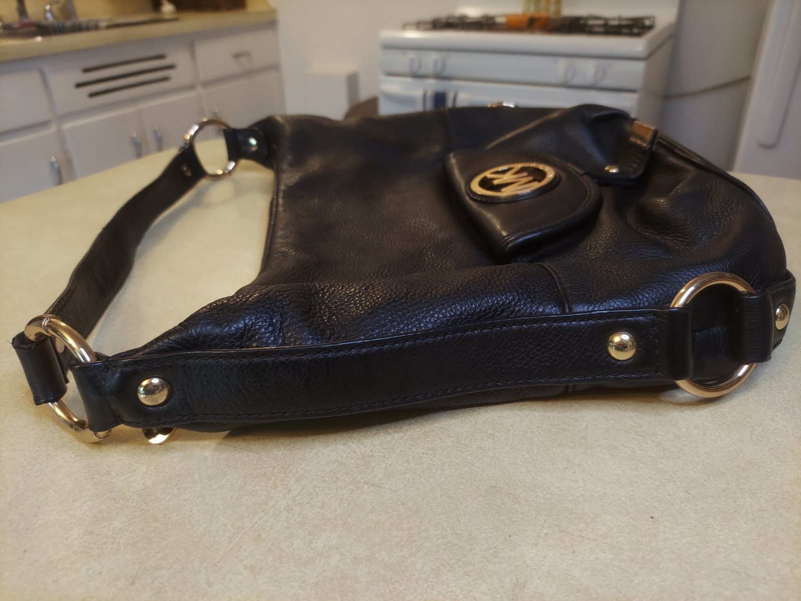 MICHAEL KORS Black Leather Fulton Hobo Shoulder Bag 14″ W x 12″ H