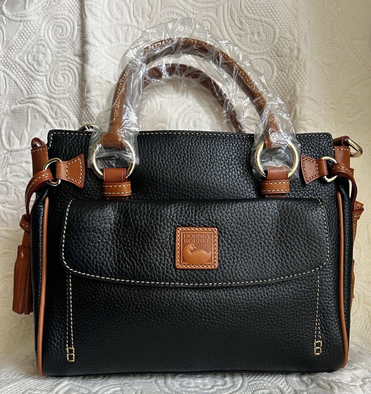 Dooney & Bourke Black/Brown Pebbled Satchel, Detachable Crossbody & Wristlet