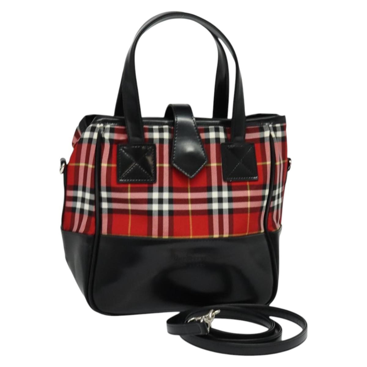 Burberrys Nova Check Blue Label Hand Bag Nylon Red Silver Auth 120591