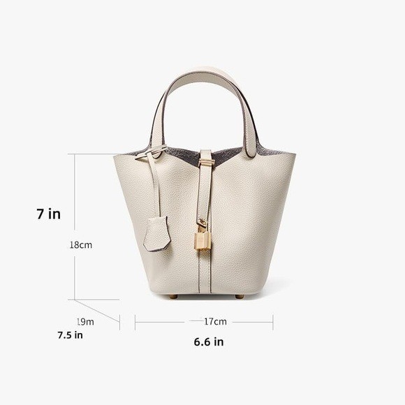 Genuine Leather Bucket Bag 18cm Bone Off White Lock & Key Felt Insert New