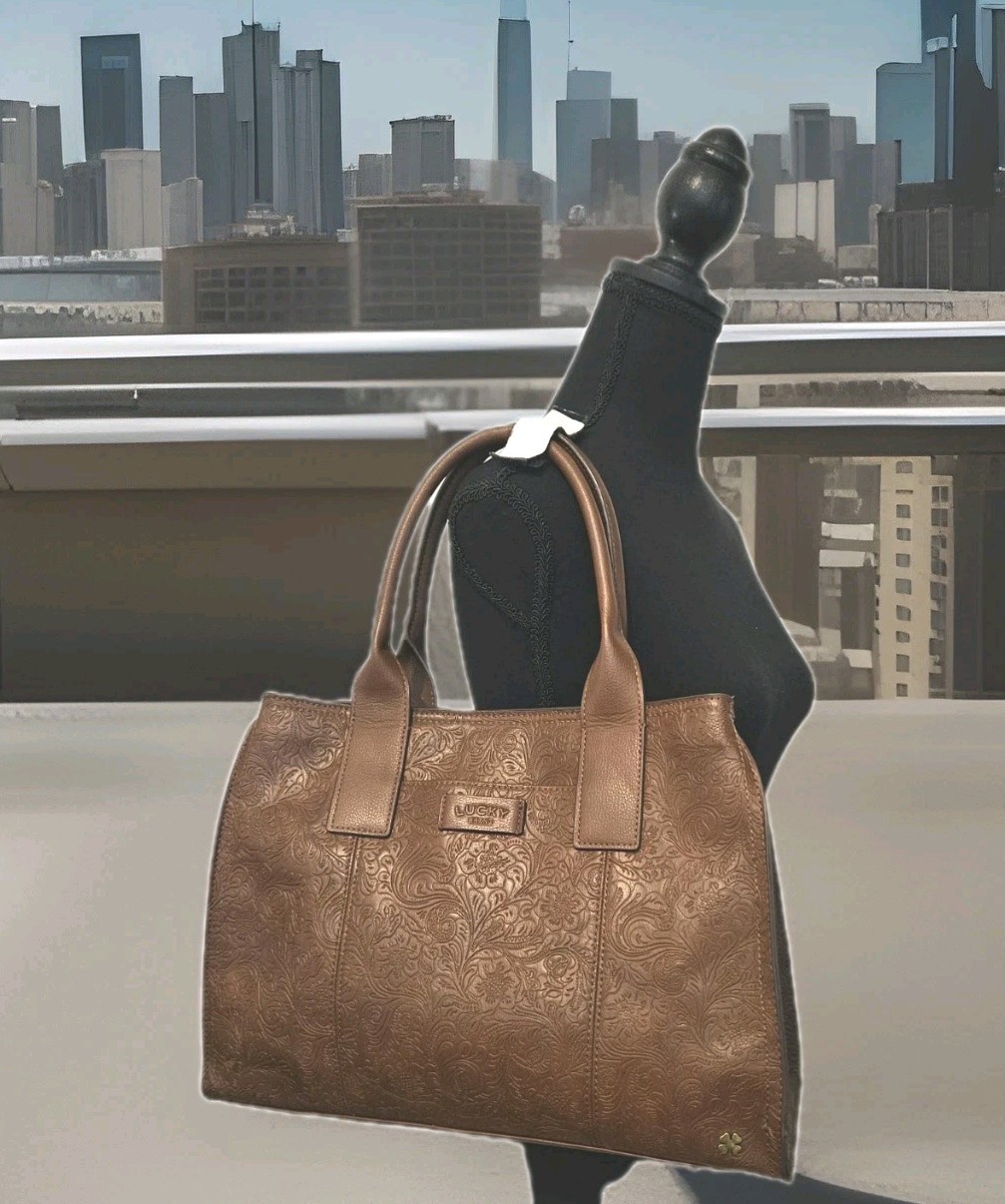 Lucky Brand Brown Paisley Embossed Leather Shoulder Bag 14x11x5
