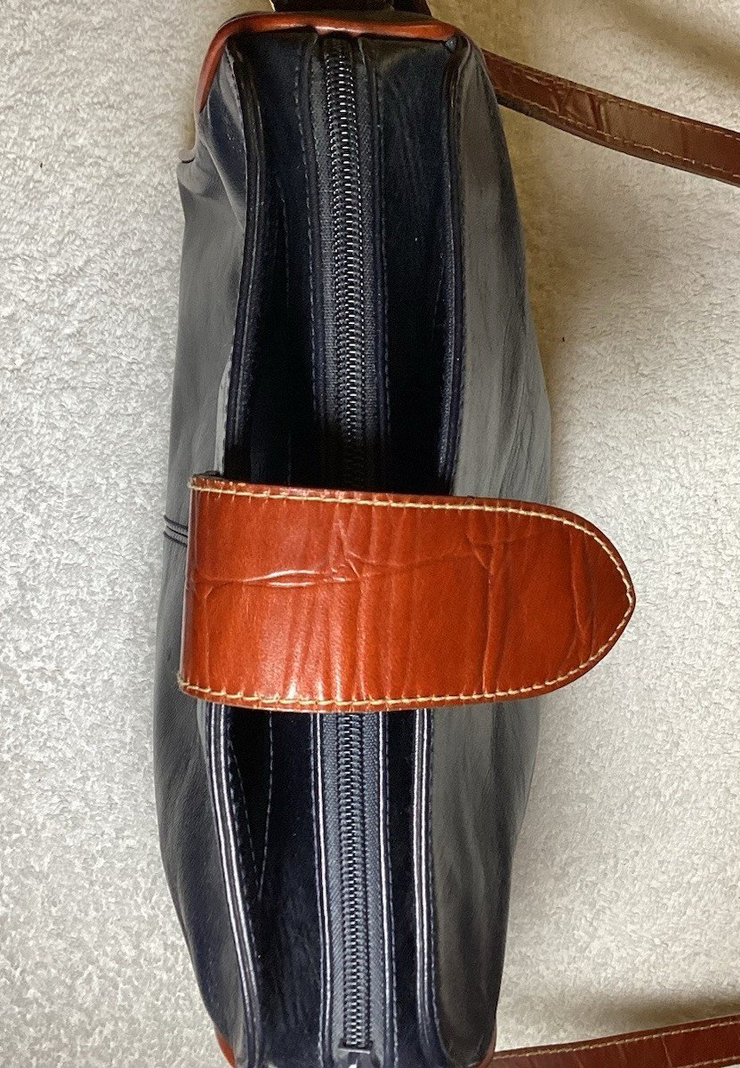 Andrew Geller Boutique Leather Crossbody Purse/Black with Brown Trim & Strap