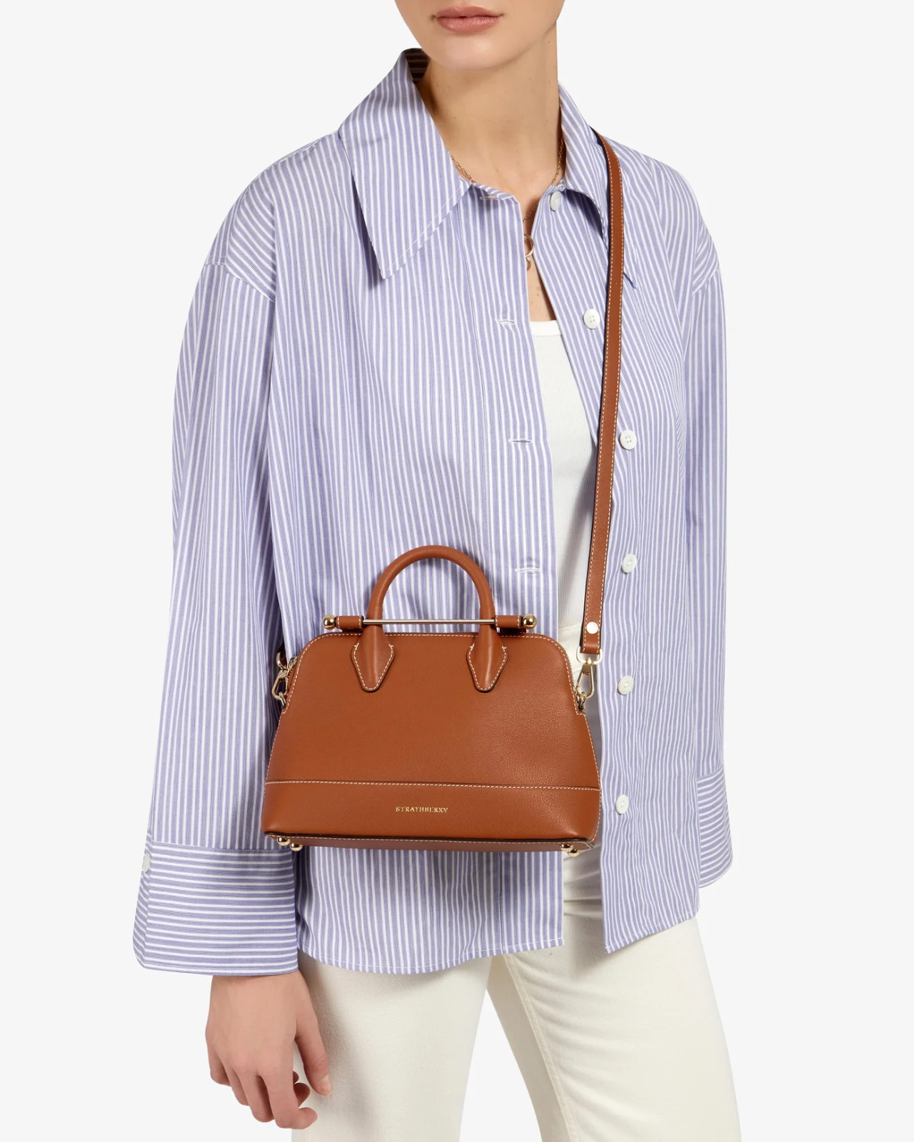 The Strathberry Dome Mini Tote Leather Purse in Chestnut