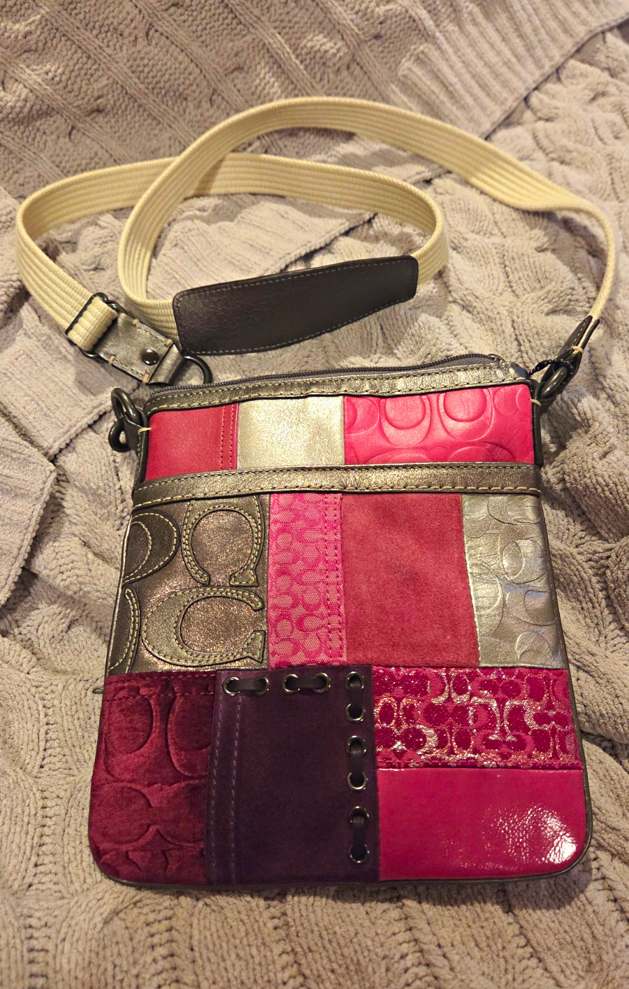 Coach Patchwork Multicolor Small Crossbody Bag Zip Closure Adjustable Strap