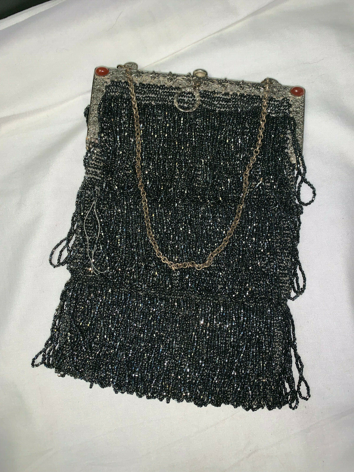 Vtg Fringe Flapper Style Evening Purse Seed Bead Ornate Frame Cabochon