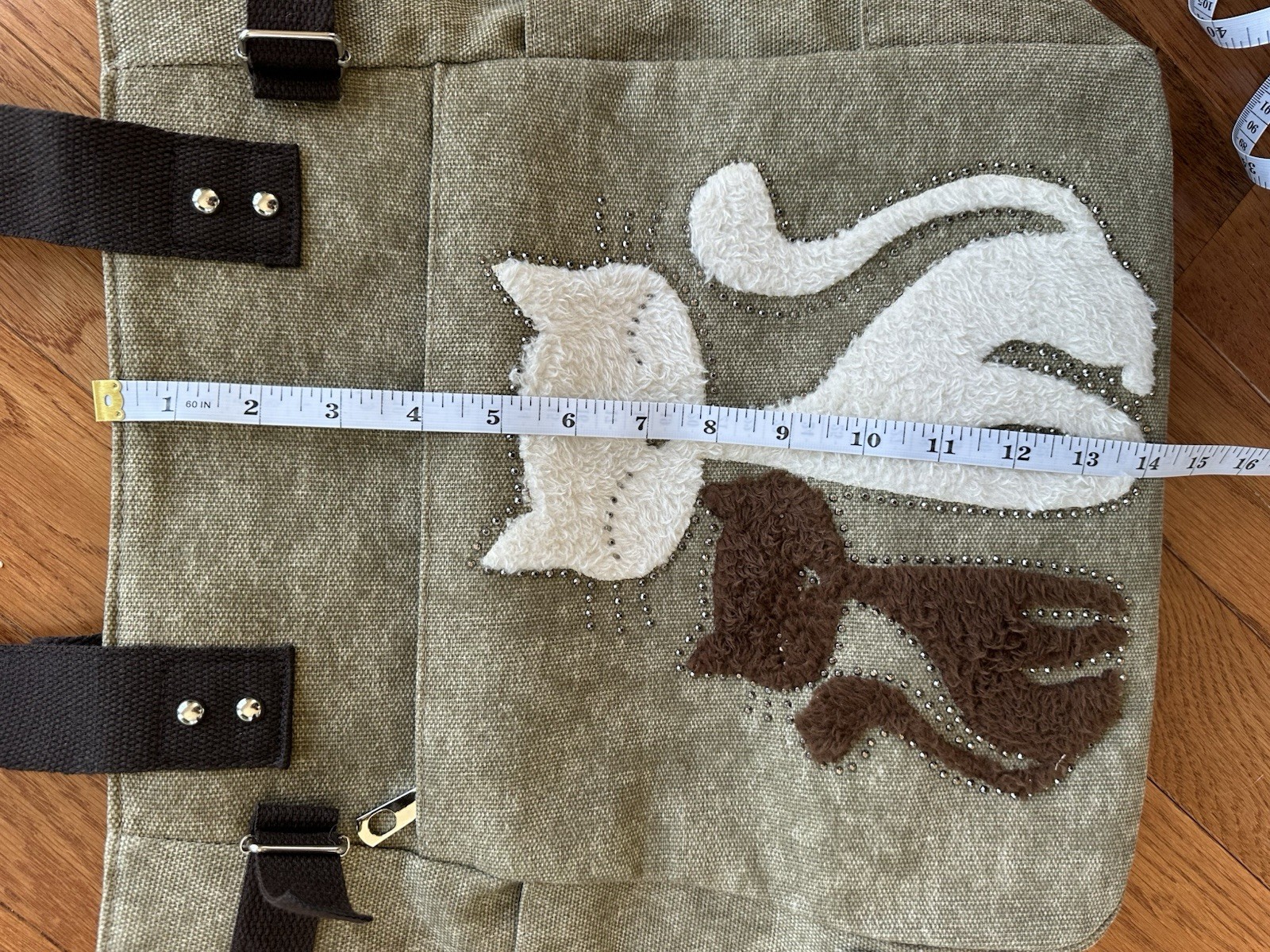 Beige Cat Embroidered Zip Canvas Tote Bag Brown Handle Inner Outer pockets
