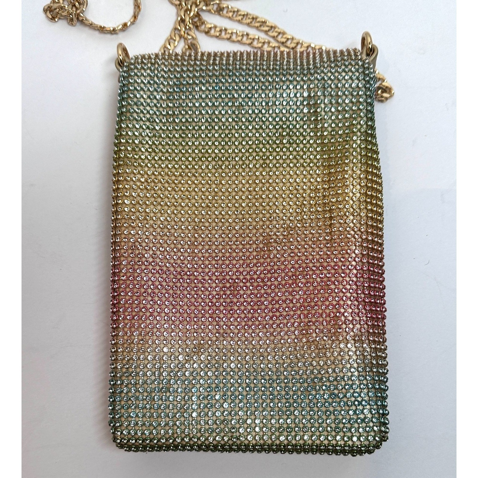 JustFab Rhinestone Crossbody Purse Rainbow Ombre Gold Chains Bling Glam Event