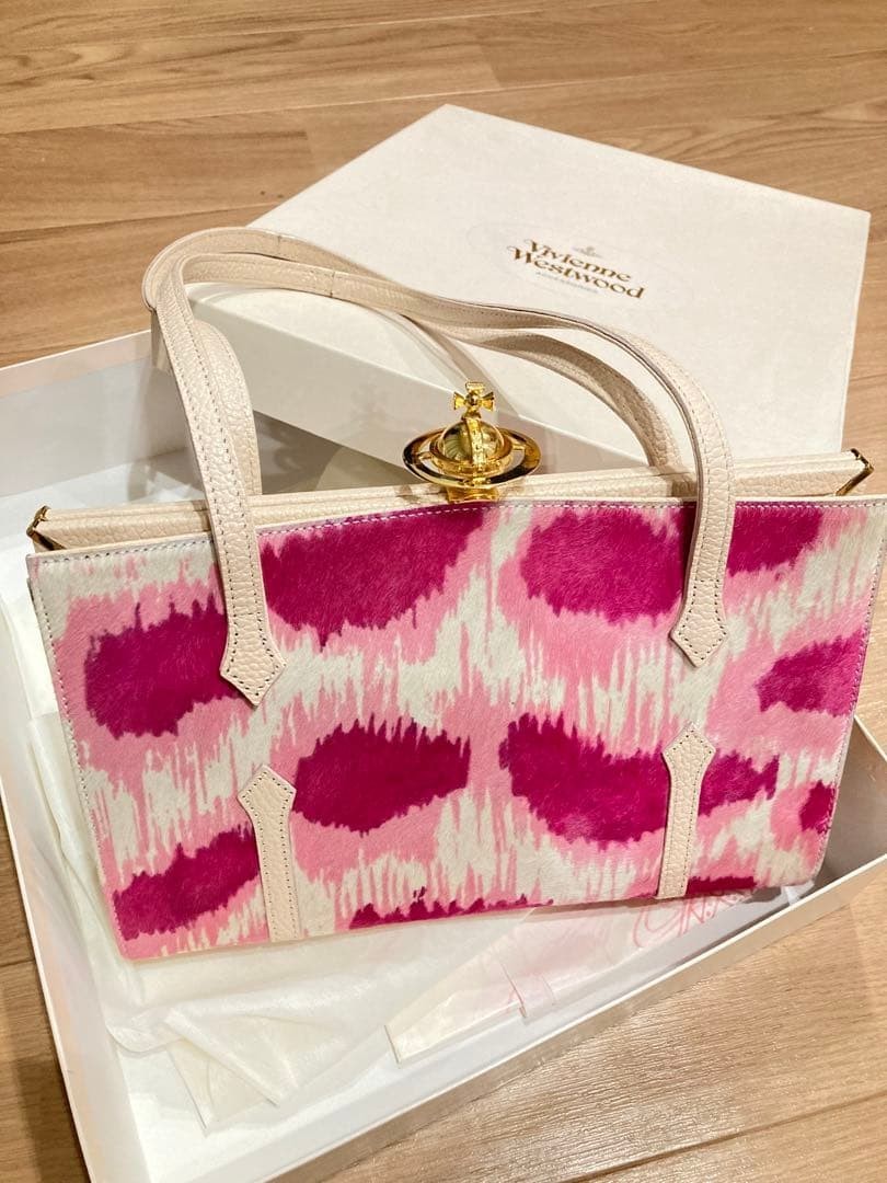 Vivienne Westwood Harako Pink Leopard Pattern Handbag Leather Gold Orb Excellent