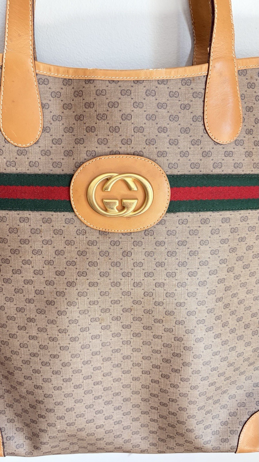 Vintage Gucci GG Supreme Web Stripe Tote Bag Monogram Canvas Authentic Italy