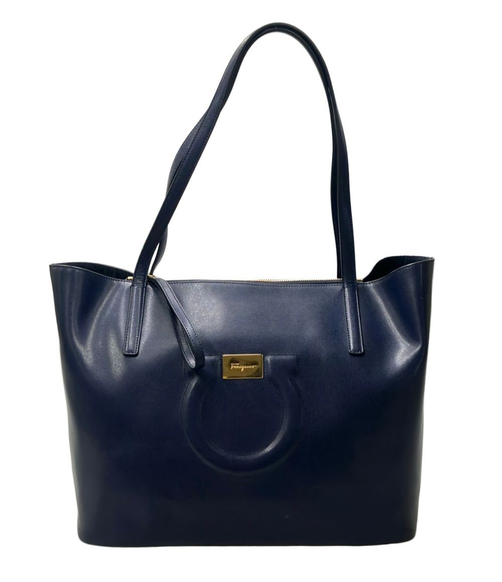 Authentic Salvatore Ferragamo Leather Gancini Tote Bag Women’s Navy Size 28.5cm