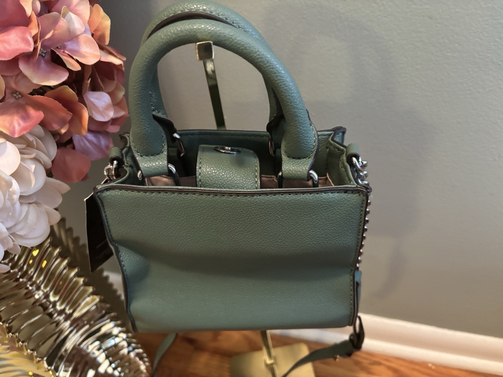 Nine West Olive Green Studded Mini Satchel Top Handle Bag with Detachable Strap
