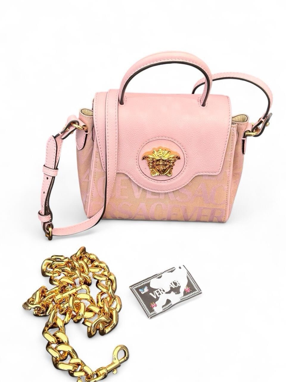 Versace Women’s Pink La Medusa Small Top Handle Bag Gold Chain Strap