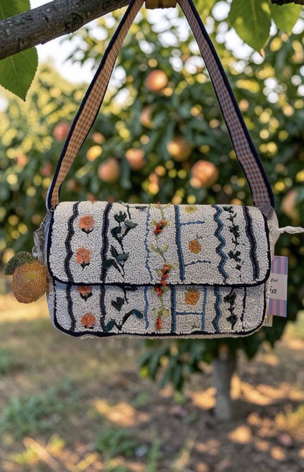 New Release! Handcrafted in India Beaded Floral Shoulder Bag w/ peach bag charm