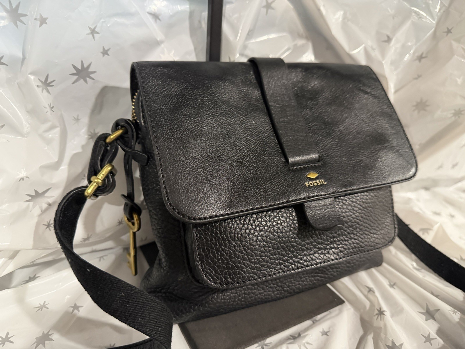 Fossil Black Pebbled Crossbody Bag Zip, Magnetic Flap Gold Hardware Small