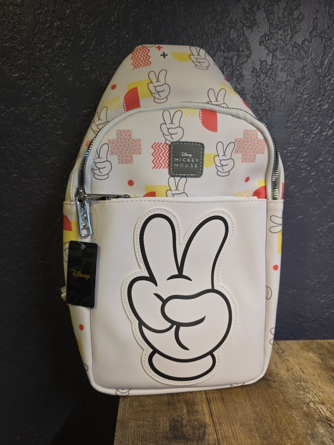Buckle Down Disney Vegan Leather Crossbody Sling Bag, Mickey Mouse Peace Fingers