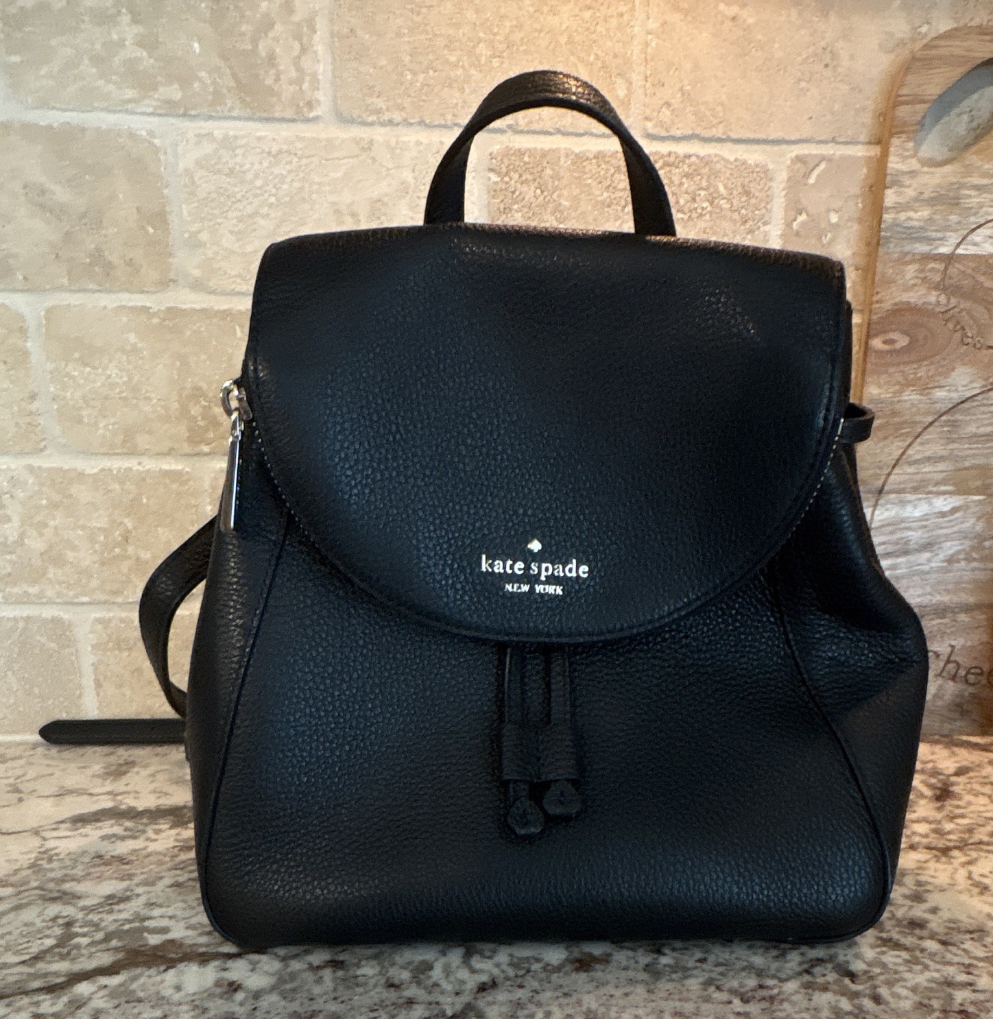 Kate Spade New York Black Drawstring Backpack w/ Detachable Pouch Silver